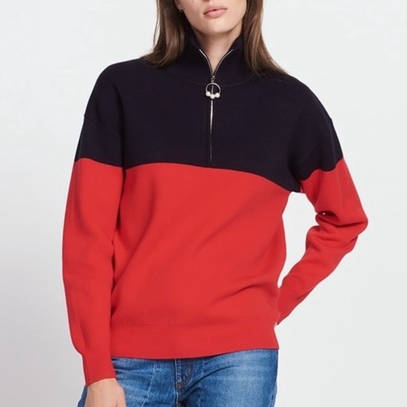 NWOT SANDRO RED AND NAVY PEARL QUARTER ZIP KNIT SWEATER - Picture 1 of 8